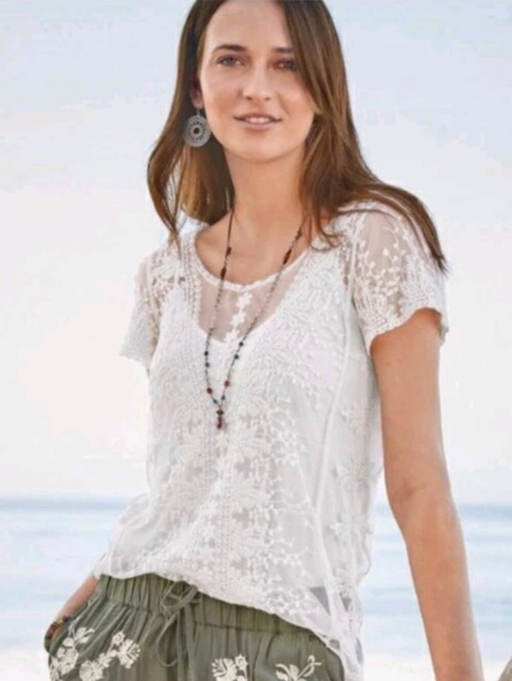 Sundance Large Somerset Garden Tee Cream Sheer Lace Overlay Top Boho Embroidered